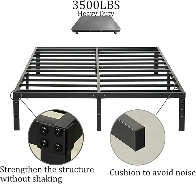 Wulanos King Size Bed Frame 18 inch Tall, 3500lbs Heavy Duty Metal Platform with Steel Slats Support, No Box Spring Needed, 18-inch Bedframe with Ample Storage, Sturdy and Noise-Free, Black