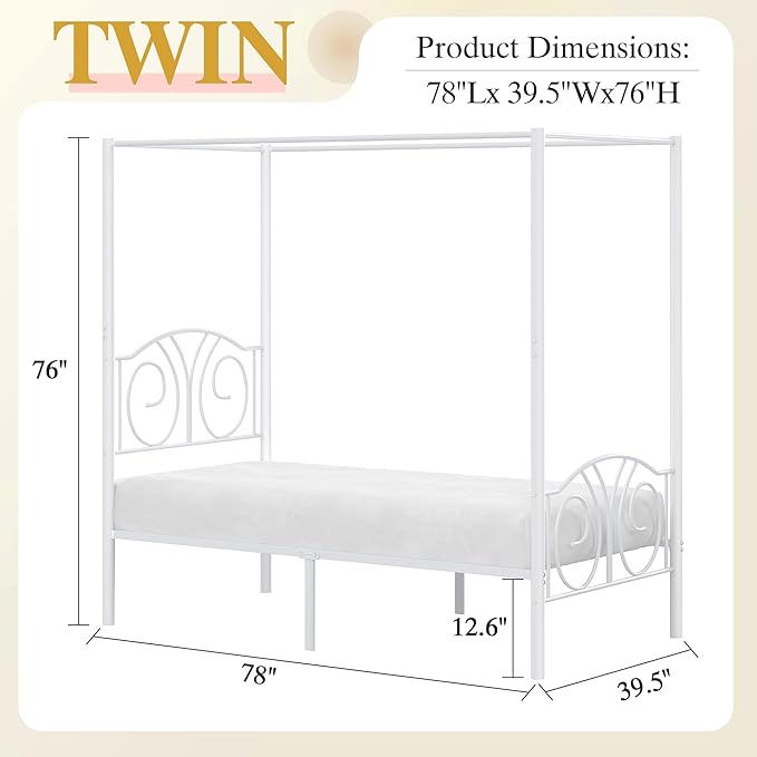 VECELO Metal Canopy Bed Frame Twin Size, 4 Posters Platform Mattress Foundation with Headboard, Heavy Duty Steel Slats Support, No Box Spring Needed, Pure White