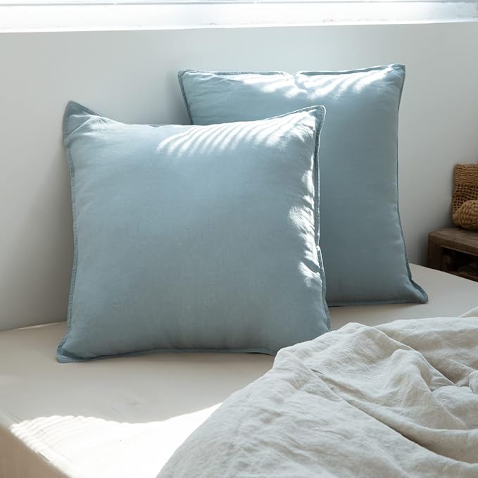 Simple&Opulence 100% Washed Linen Euro Shams 26'' x 26'' Pack of 2, Basic Style Solid Color Natural Flax Farmhouse Decorative Square Throw Pillow Covers for Bed Couch Sofa - Dusty Blue