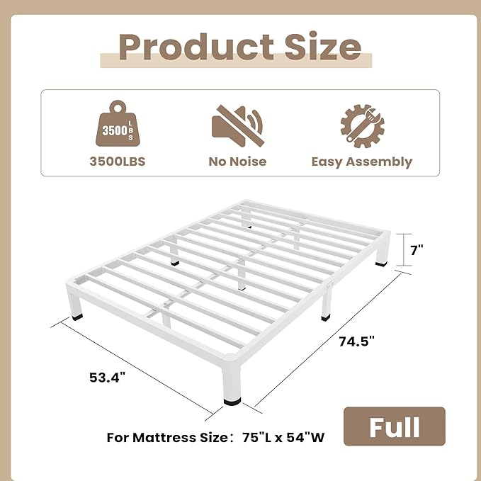 ROIL 7 Inch White Full Bed Frame with Rounded Corner and Mattress Retainers, 3500LBS Heavy Duty Steel Slats No Box Spring Needed Platform Noise-Free Easy Assembly