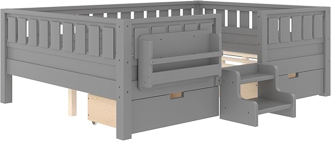 Bellemave Full Size Bed Frame with Storage Drawers & Bookshelf, Low Profile Kids Bed with Staircase & Full Length Guardrails, Solid Wood Full Size Bed Frame Kids with Slats Load 450 LBS, Grey