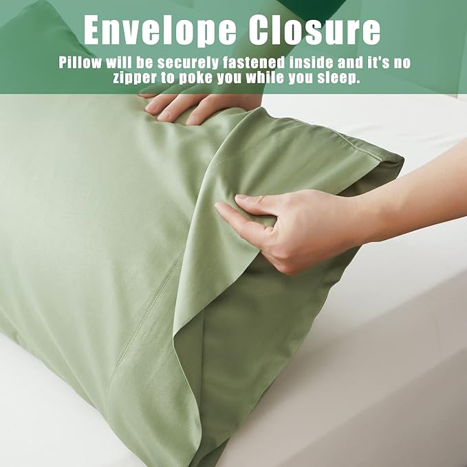 TELUS Green Pillow Cases King Size 2 Pack, Bamboo Rayon Cooling Pillowcases with Envelope Closure, Cool Breathable Pillow Cover for Hot Sleepers & Night Sweats, 20x40 inch
