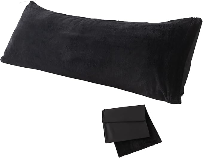 Whatsbedding Sherpa Body Pillow Cover, Ultra Soft Faux Fur Body Pillowcase, Luxury Shaggy Plush Long Pillowcase, Envelope Closure - Black (20x54 inch)