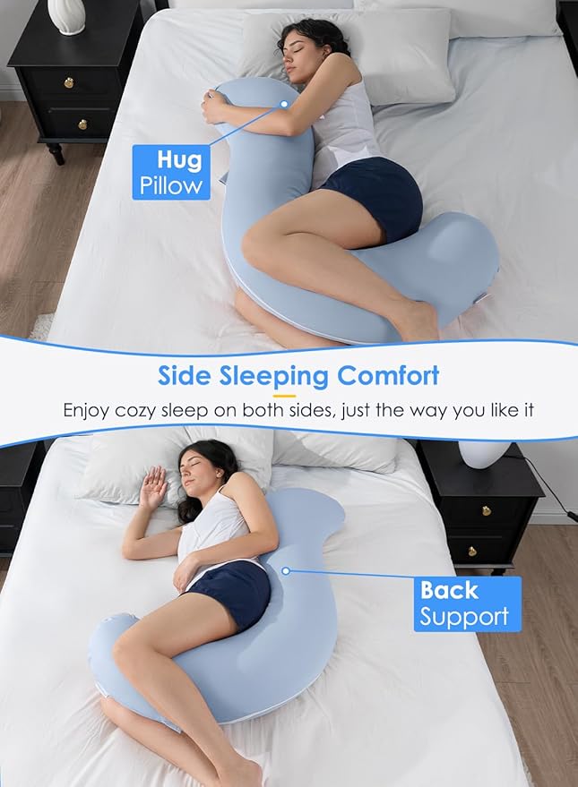 QUEEN ROSE Cooling Body Pillow, Full Body Support Pillow for Side Sleepers, Soft S Shaped Hug Pillow for Adults, with Removable Pillowcase, Blue