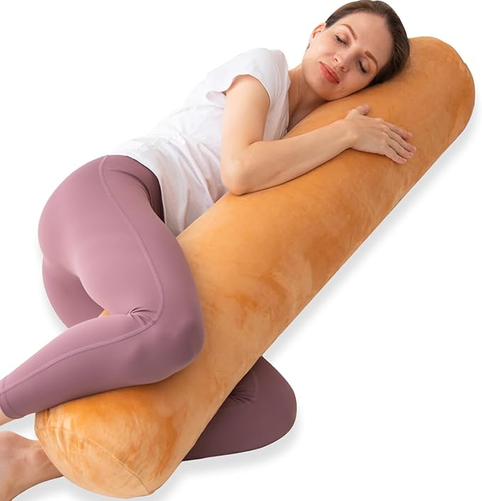 1 MIDDLE ONE Bolster Pillow for Bed, Long Round Body Pillow for Adults with Removable Velvet Cover, Decorative Tube Roll Cylinder Pillow, 47 x 7.87 Inch, Brown