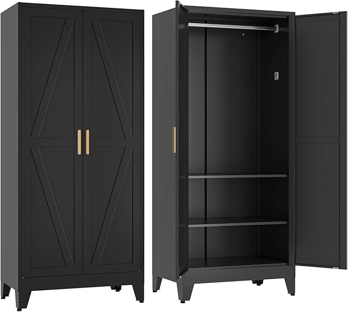 COFaR Metal Wardrobe Closet with Doors, Black Farmhouse Bedroom Armoires with Adjustable Hanging Rod and Shelves, 71'' Tall Closet Cabinet for Garage Storage, Roperos para Guardar Ropa