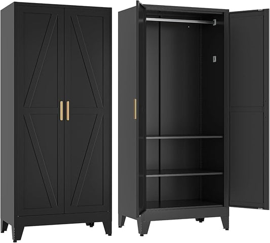 COFaR Metal Wardrobe Closet with Doors, Black Farmhouse Bedroom Armoires with Adjustable Hanging Rod and Shelves, 71'' Tall Closet Cabinet for Garage Storage, Roperos para Guardar Ropa