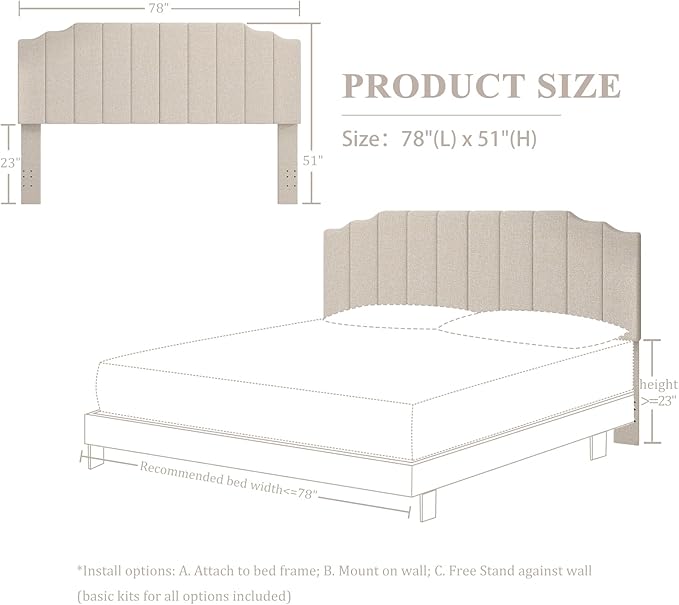 Befurtori King Size Headboard Only, Linen Wall Mounted Headboard King for Adjustable Bed Modern Upholstered Head Board Easy Assembly, Beige
