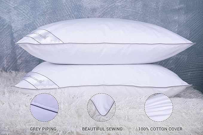 King Size Goose Feather Down Bed Pillow 2 Pack for Sleeping 100% Cotton Cover Medium Firm Set of 2 King Size Gussted White