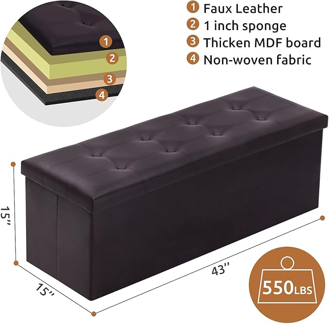 YOUDENOVA Folding Storage Ottoman, Faux Leather Ottoman Bench Footrest Ottoman, Storage Chest Padded Seat for Bedroom and Living Room, Brown, 15" D x 43" W x 15" H