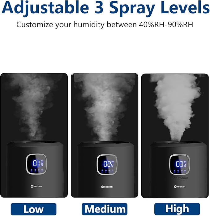 Akeshan Large Humidifiers for Bedroom, 9L/2.5Gal Ultrasonic Cool Mist, Top Fill Easy Clean with 350ML/H Mist Speed, Quiet, Suitable for Kids Room Plant Yoga Office Study Room Living (Black, Round)