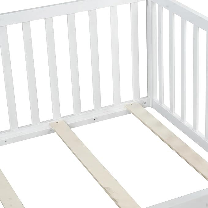 Bellemave Full Size Montessori Floor Bed with 21.5" High Rails, Rubber Wood Full Floor Bed with Slats and Door, White