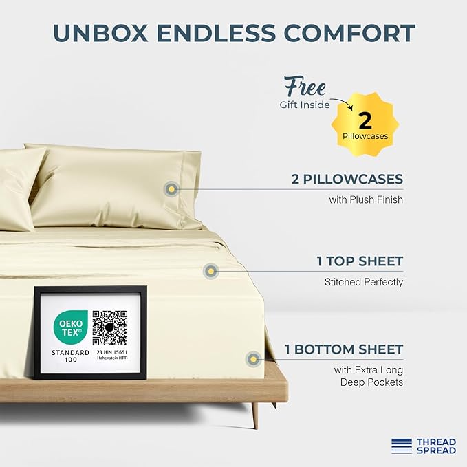 THREAD SPREAD 100% Egyptian Cotton King Size Sheets Set - Luxury 1500 Series Egyptian Cotton Sheets King Size (4 PC, Ivory), Silky Soft, Sateen Weave, Cooling & Breathable, 17" Deep Pocket Bed Set