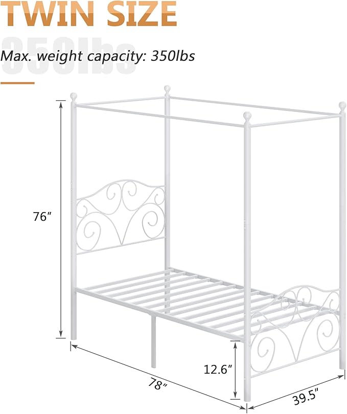 VECELO Metal Canopy Bed Frame Twin Size, 4 Posters Platform Mattress Foundation with Headboard, Heavy Duty Steel Slats Support, No Box Spring Needed, White