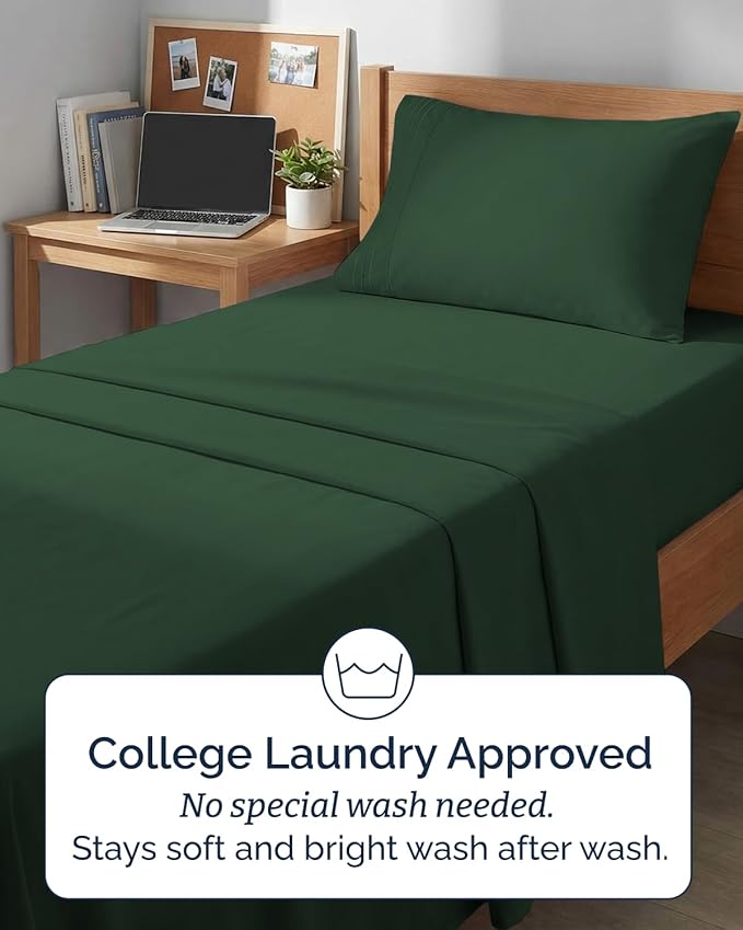 Twin XL 4 Piece Sheet Set - Comfy, Breathable & Cooling - Hotel Luxury Bedding for Women, Men, Kids, Teens & Children - 1 Flat & 1 Fitted Sheet & 2 Pillowcases w/ Deep Pockets - Wrinkle Free - Emerald