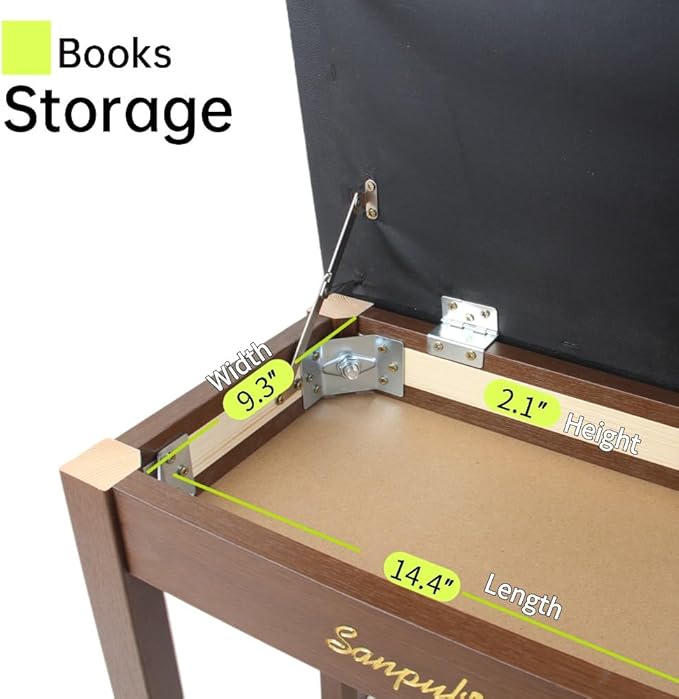 Sanpuli Solid Wood Piano Bench with Storage, Piano Stool and Padded Cushion, Keyboard Bench with Bookcase, Piano Chair and Piano Seat with High-Density Sponges.