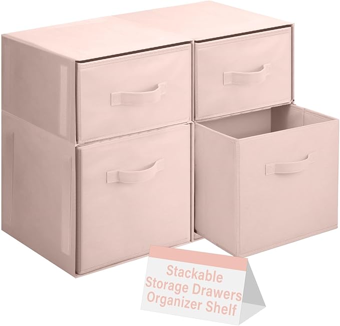 Weysat 4 Cube Stackable Under Dorm Bed Storage Container Foldable Closet Drawer Organizer Fabric Storage Cube Bins for Dorm Essentials College Closet Bedroom Living Room Nursery(Pink,18.5 Inch)