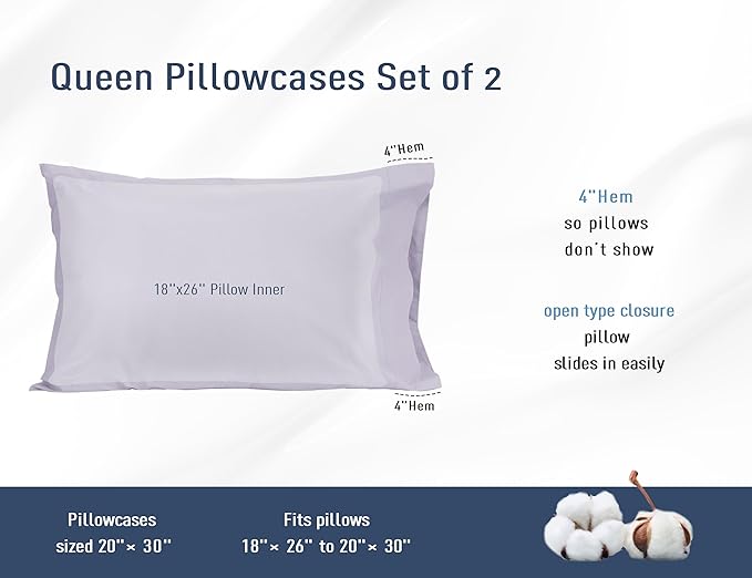 Pillow Cases, Standard Queen Size Cotton Percale Weave Pillowcases, Pre-Shrunk Breathable and Hypoallergenic Pillowcases, Set of 2 (2 Piece Standard/Queen 20 Inch x 30 Inch, Light Purple)