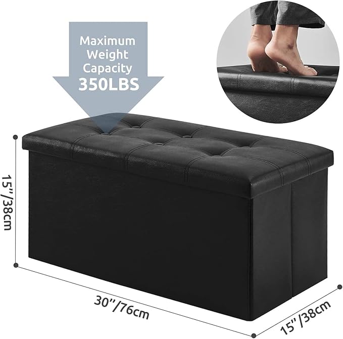 YOUDENOVA Folding Storage Ottoman, Faux Leather Ottoman Bench Footrest Ottoman, Storage Chest Padded Seat for Bedroom and Living Room, Black, 15" D x 30" W x 15" H