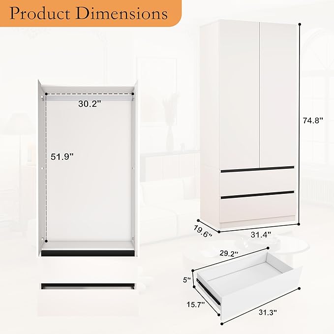 Armoire Wardrobe Closet with Drawers：75" Large White Wardrobe Closet Cabinet with 2 Doors for Hanging Clothes, Modern Wooden Bedroom Armoires with 2 Drawers and Storage (A-Style, 31.5")