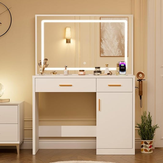 DUMOS Vanity Desk with 35.4" LED Mirror and Lights, Makeup Vanity Table with Charging Station (2AC/USB/C), 2 Drawers & Large Cabinet, 3 Lighting Color Adjustable, Modern Dressing Table, White
