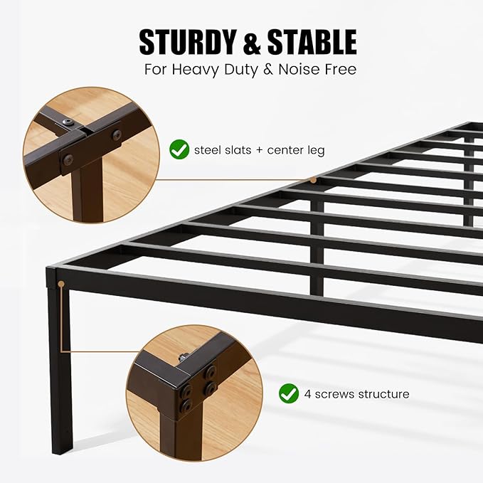 Heavy Duty Metal Bed Frame Twin Size 38" W 75" L 14" H inch with Storage Mattress Foundation Steel Slats Platform Easy Assembly Black