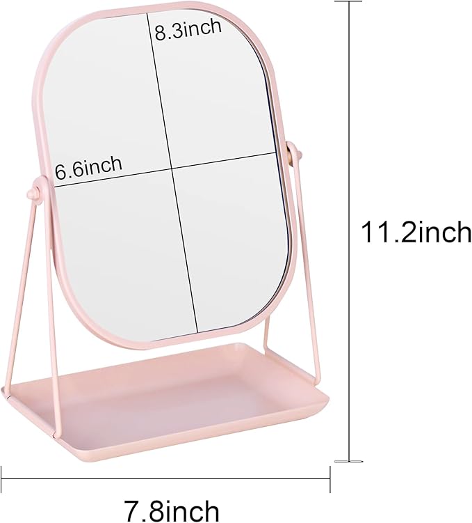 Tstarer Rotating Metal Makeup Mirror with Storage, Vanity Mirror for Desk, Bathroom, Bedroom, Dressing Table (Pink)