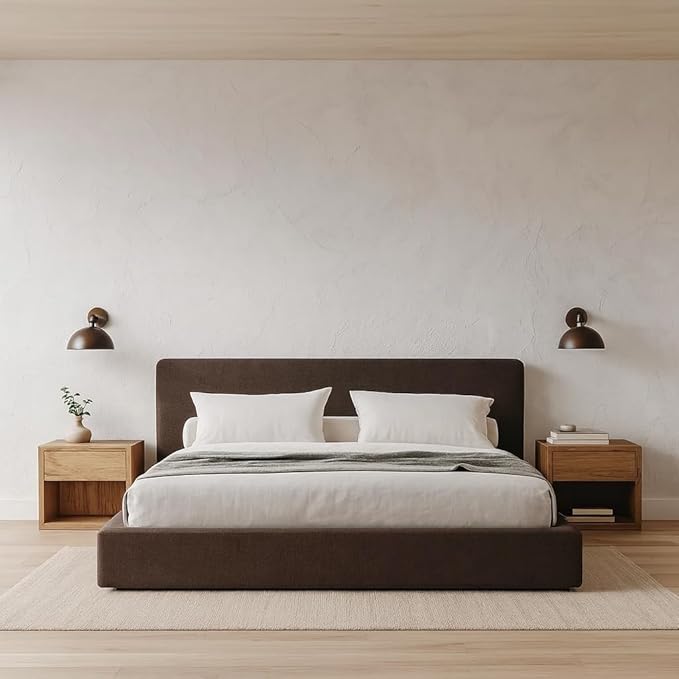 Square Bed – Washable Cover - Soft Upholstered Linen - Minimalist Modern - Sold Separately (Waterproof Brown Linen, Twin Base)