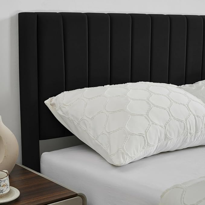 Queen Bed Frame Upholstered Platform,Queen Size Bed Frame with Velvet Headboard,Non-Slip and Noise-Free/Wooden Slats Support/No Box Spring Needed/Easy Assembly/Mattress Foundation Black (Black, Queen)