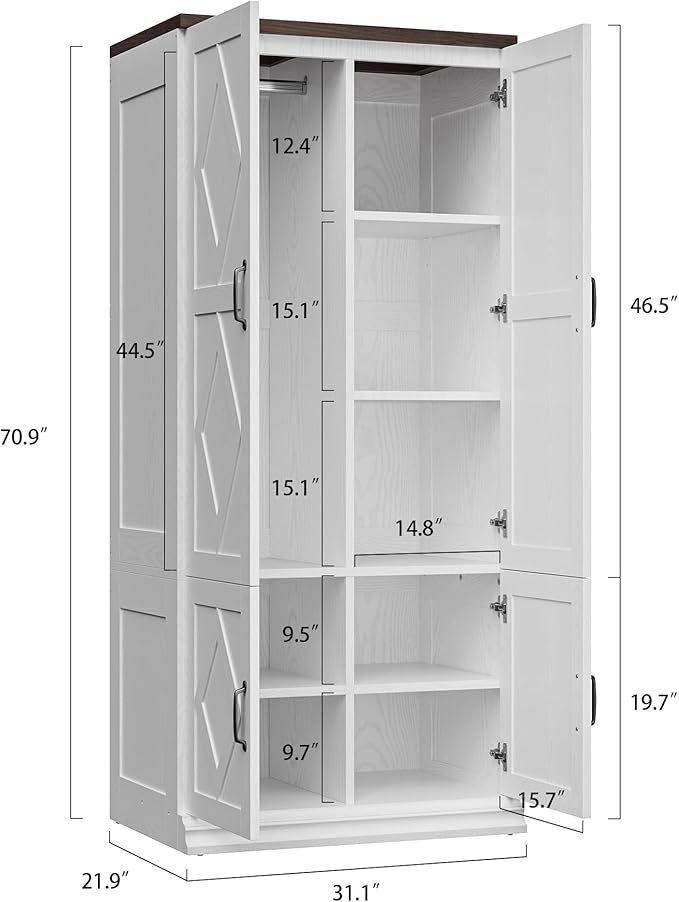 ANCTOR Wardrobe Closet with Doors, 71" H Tall Wooden Closet with 5 Clothing Shelves, Hanging Rod for Clothes, Bedroom Freestanding Armoire Storage Cabinet, Stand Alone Clothing Unit, White