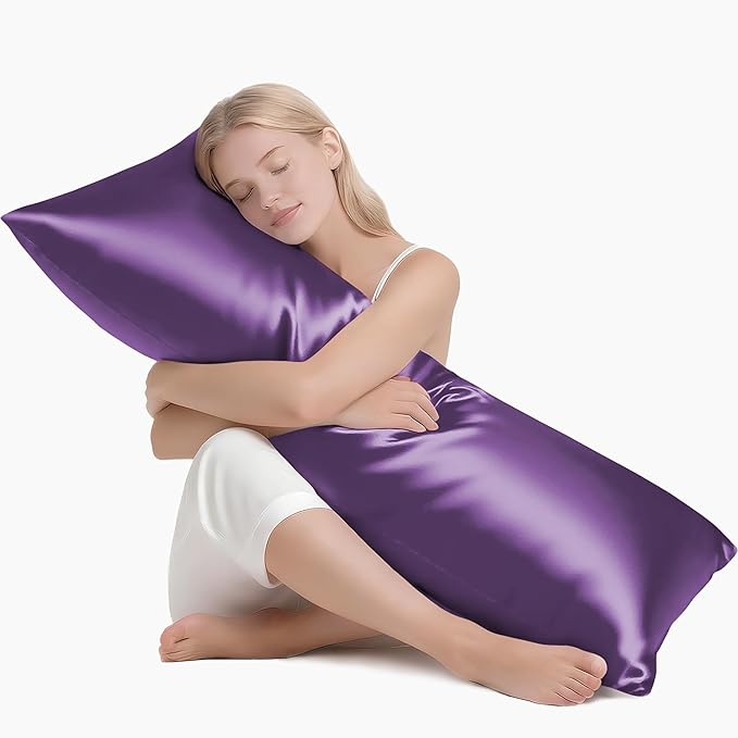 MR&HM Satin Body Pillow Cover, Soft and Breathable Body Pillow Case with Envelope Closure, Cooling and Silky Long Pillowcase for Hair and Skin,Grey (20x54, Lavender)