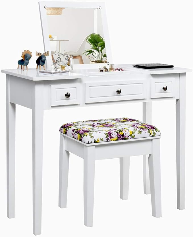 CHARMAID Makeup Vanity Desk with Flip Top Mirror, 3 Drawers, 7 Storage Compartments, White Writing Desk Dressing Table Vanity Set with Cushioned Stool for Girls Women, Easy Assembly