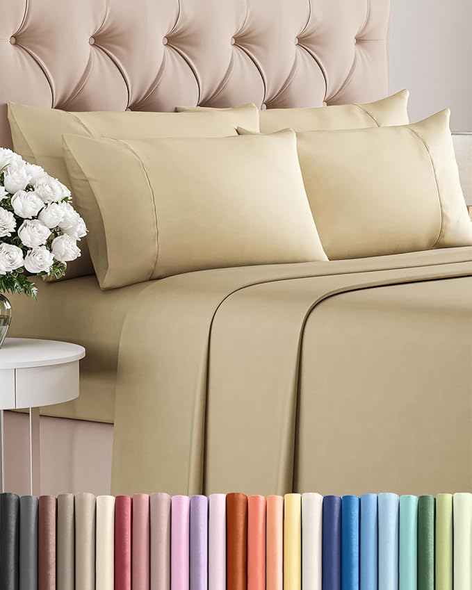 Cal King 6 Piece Sheet Set - Comfy, Breathable & Cooling - Hotel Luxury Bedding for Women, Men, Kids, Teens & Children - 1 Flat & 1 Fitted Sheet & 4 Pillowcases w/ Deep Pockets - Wrinkle Free - Beige