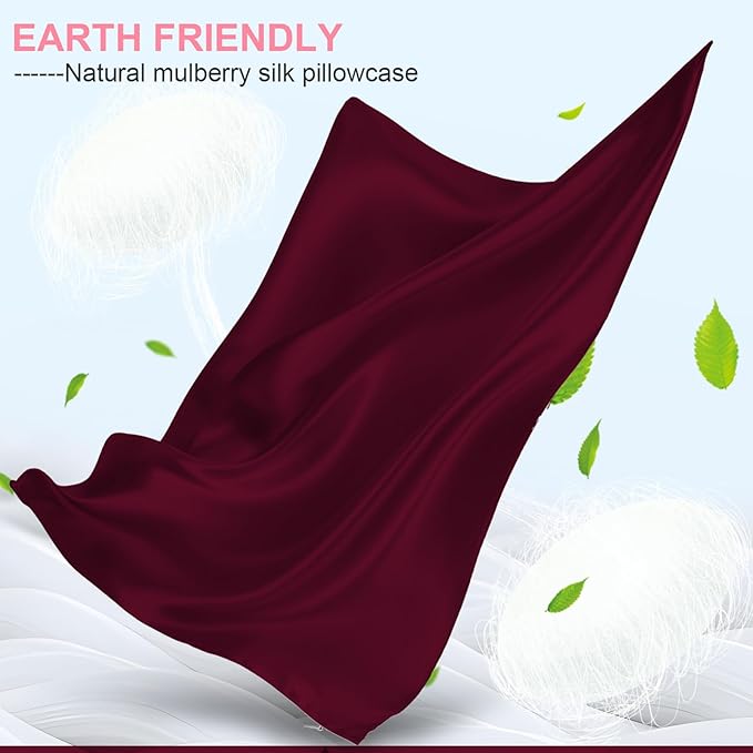 Silk Pillow Cases 2 Pack King Size with Hidden Zipper, Mulberry Silk Pillowcase for Hair and Skin, Smooth and Soft Breathable Cooling Silk Satin Pillowcase Set of 2, Gifts for Women，Burgundy Red