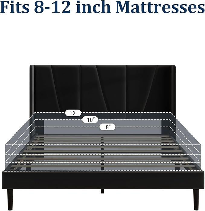Sismplly Full Bed Frame with Headboard, Velvet Upholstered Full Size Platform Bed with Wingback, Mattress Foundation with Wooden Slat Support, No Box Spring Needed, Easy Assembly, Noise Free, Black