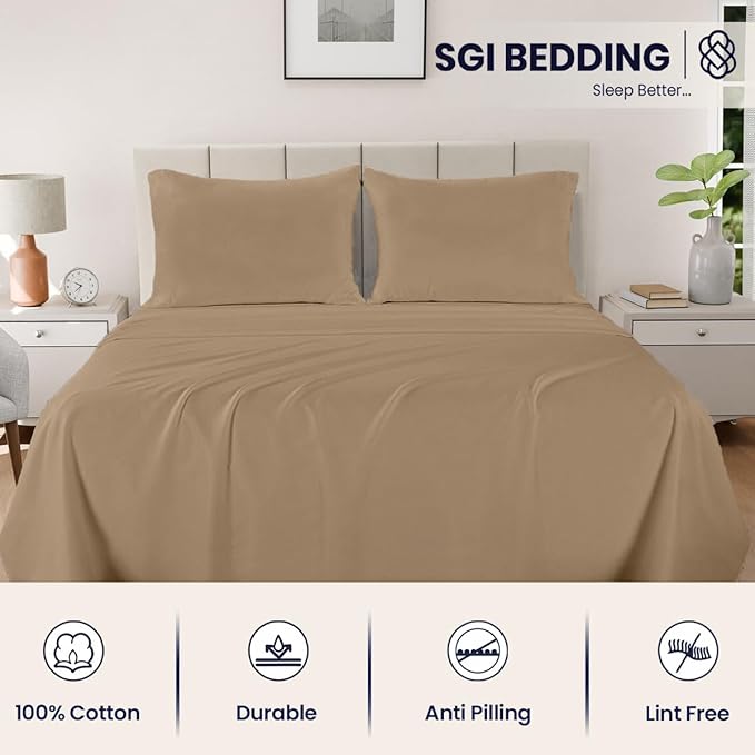 SGI bedding 100% Egyptian Cotton Sheets Twin XL Size – 600 Thread Count Sheets Set, Soft, Cooling, 15" Deep Pocket, Luxury Hotel Bedding, Breathable, Durable - Taupe