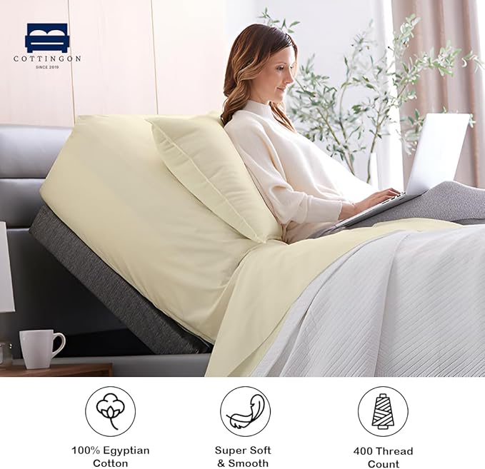 Cottingon 1 Piece Top Split King Fitted Sheet Only for Adjustable beds, Premium 100% Egyptian Cotton, 34 Inches Half Split Flex Head Bottom Sheet for Sleep Number Beds 16" Deep Mattress, Ivory