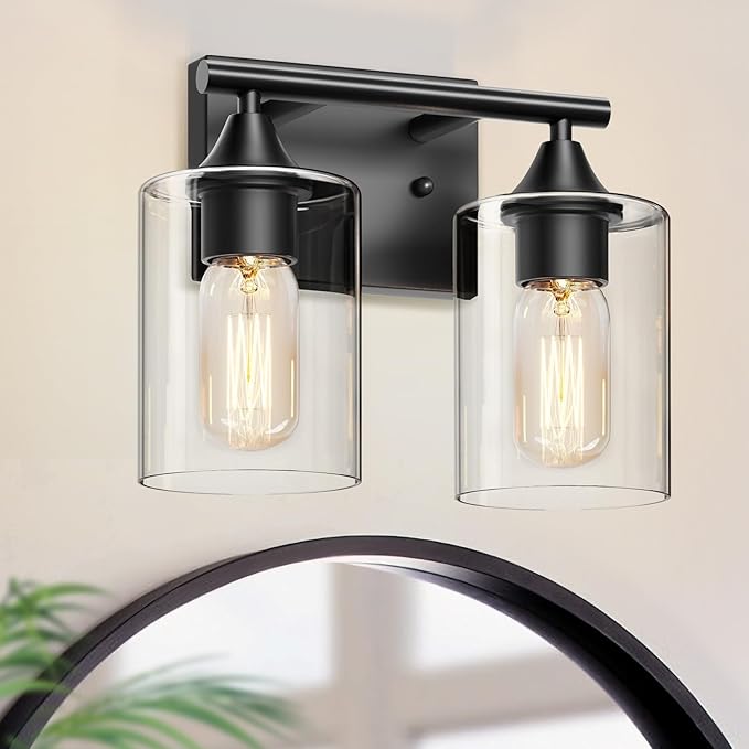 Vanity Lighting Fixtures,2-Light Bathroom Lights Over Mirror,Modern Sconces Wall Lighting with Clear Glass Shade,Light Fixture for Bathroom Bedroom Living Room Vanity Table Hallway