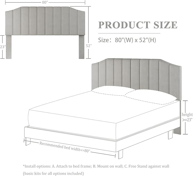Furpopup King Size Headboard Only, Velvet Upholstered Headboard King/California King Size Wall Mount and Bed Frame Mount, Featuring High-Density Sponge Padding Easy Assembly Comfort Style-Light Gray