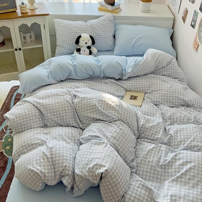 Nayoroom Gingham Duvet Cover King Size Reversible Blue Plaid Checkered Duvet Cover 3 Pieces Soft Breathable Washed Microfiber Girls Dorm Bedding Set for All Seasons