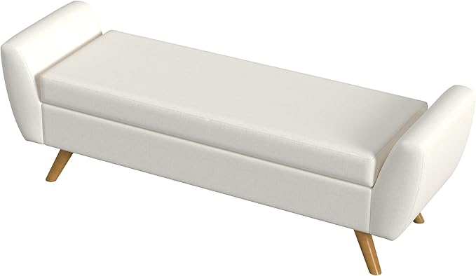 HomePop Modern Storage Bench with Wood Legs |Homepop Home Décor|Bench with Storage for Living Room & Bedroom - Cream Textured Woven