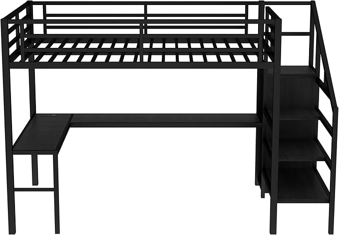 Full Size Loft Bed with L-Shaped Desk and USB, Metal Bed Frame with Wardrobe and Adjustable Shelf, High Loft Bed with LED and Guardrail for Teens Adults Bedroom, No Box Spring Needed, Black