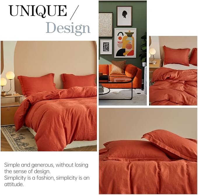 Simple&Opulence 100% Linen Duvet Cover Set 3pcs Basic Style Natural French Washed Flax Solid Color Soft Breathable Farmhouse Bedding with Button Closure - Brick Red, Queen