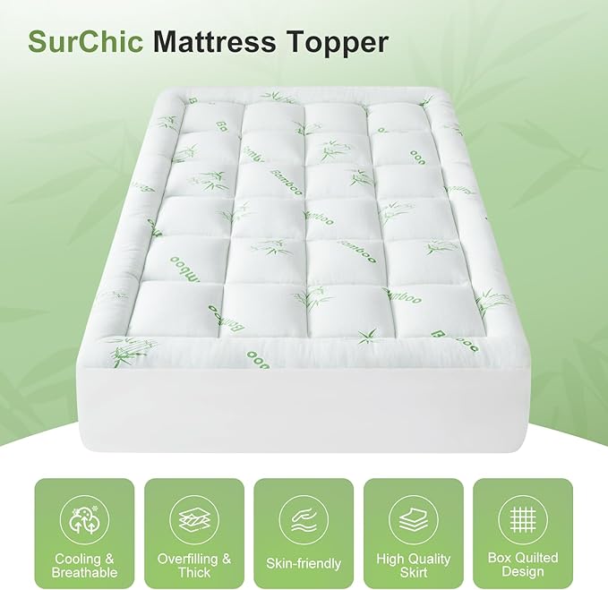 Twin Size Mattress Topper Viscose Derived from Bamboo, Soft Thick Pillow Top Mattress Pad Cover for Back Pain, Cooling Mattress Protector with 8-21 Inch Deep Pocket, White
