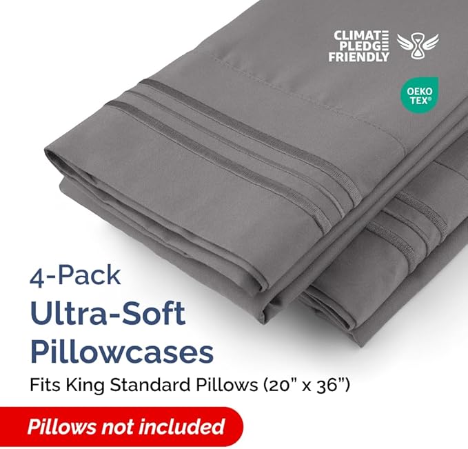 King Standard Pillow Cases Set of 4 - Soft Hotel Quality Pillowcase Covers - Comfy Bedding for Women, Men, Kids & Teens - Machine Washable Pillow Protectors - 4 Piece - King Standard Size Dark Grey