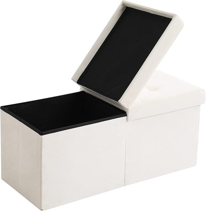 Storage Ottoman Bench Foldable Seat Footrest Shoe Bench End of Bed Storage with Flipping Lid, 75L Storage Space, 30 inches Velvet Cream
