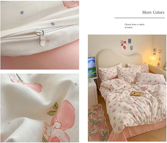 Nayoroom Pink Peach Duvet Cover Full Size Kawaii Fruit Peaches Rabbit Printed on White Comforter Cover 3Pcs Kids Girls Soft Breathable Microfiber Cute Cartoon Bedding Set with Zipper Closure