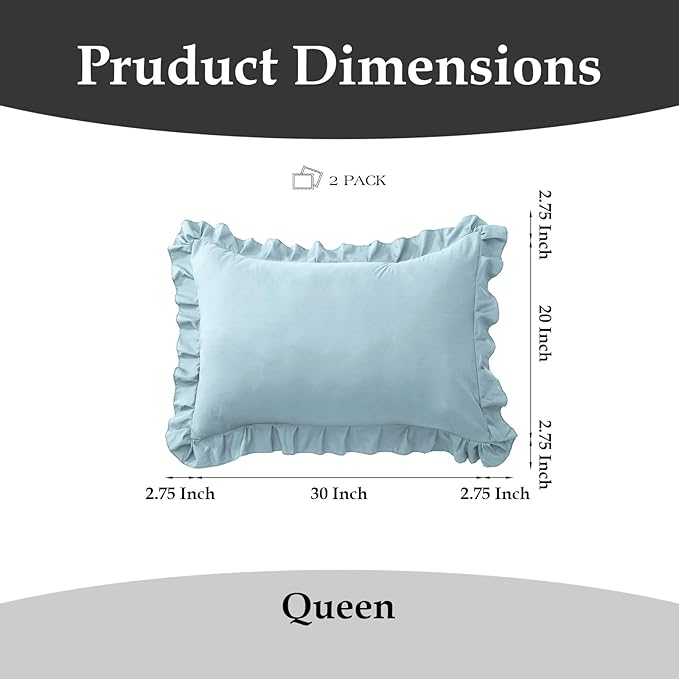 Ruffle Pillow Cases Queen Size Set of 2 – Soft Wrinkle Resistant Brushed Microfiber Ruffled Pillowcases –Envelope Pillow Shams Cover Festive Gift for Hotels,Guest Rooms 20x30 Inch (Baby Blue)