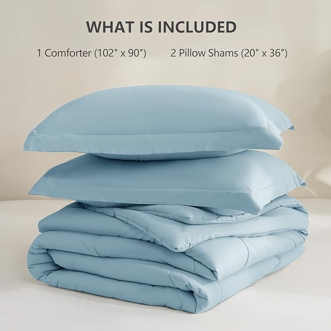 CozyLux King Size Comforter Set - 270GSM Light Blue Bedding Sets for All Seasons Size, 3 Pieces Box Stitched Bed Set with 1 Down Alternative Comforter and 2 Pillow Shams, Soft, Lightweight, Durable
