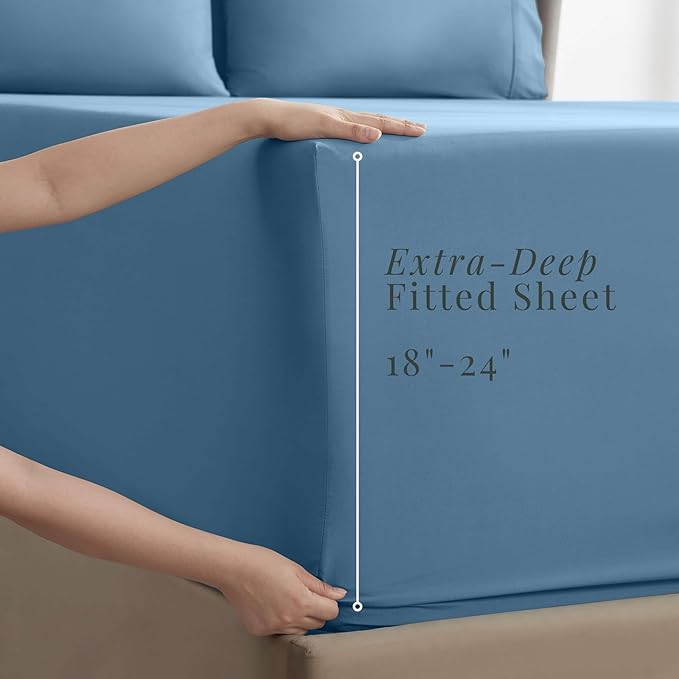 Hearth & Harbor Extra Deep Pocket King Size Sets - Fits Mattress 18-24 Inches Deep - Extra Deep Pocket Sheets - 6 Piece King Size - Blue Heaven